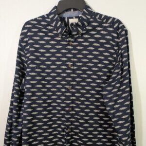 ROWM Button Up Shirt Men’s Size L Navy with Feather Print Long Sleeves